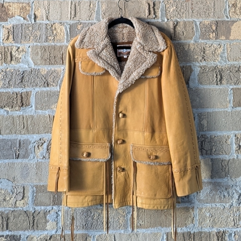 VTG 70s Pioneer Wear Western Cowboy Leather Winter Jacket Shearling Lined